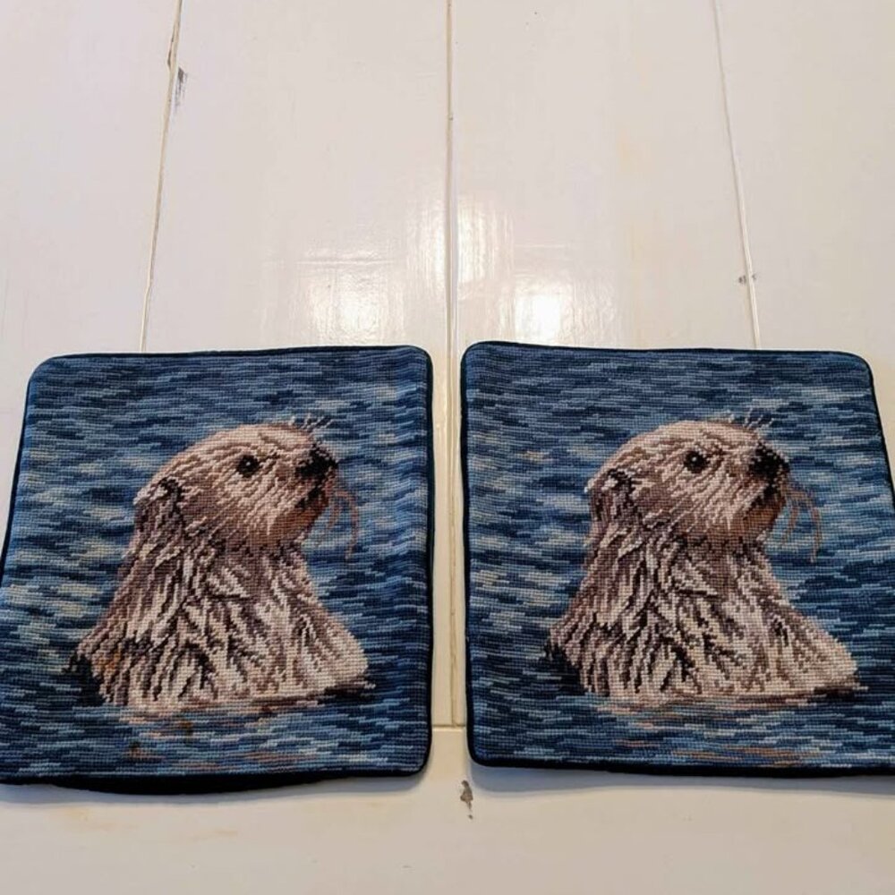 VTG Set of 2 Sea Otter Needlepoint Pillow Covers 12" NWT 1992 Frans Lanting